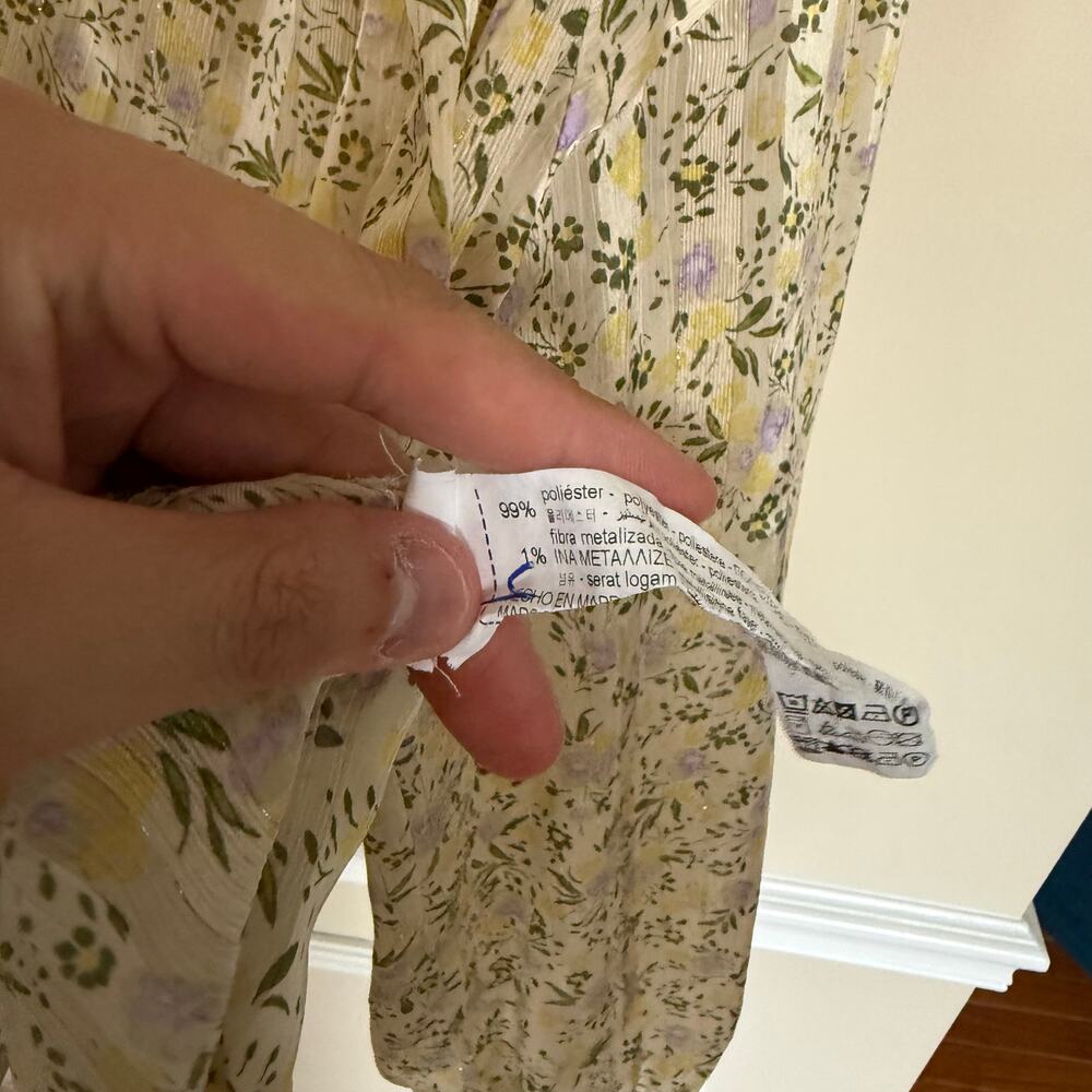 ZARA Preppy Summer Blouse Floral V-Neck Collared Balloon Sleeve Pleated Top - Picture 11 of 15